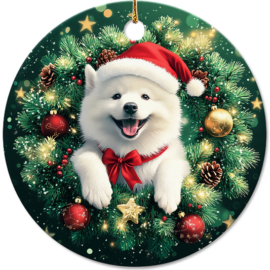 Netecom Funny Samoyed Christmas Ornament, Dog Santa Hat Ceramic Ornament for Xmas Tree Hanging Decorations Gift, Puppy Lover Gifts, Home Decor, Holiday Party Present
