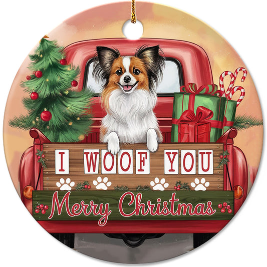 Netecom Funny Papillon Dog in Red Truck Ornament, I Woof You Merry Christmas Ceramic Ornament for Christmas Tree Hanging Decorations Gift, Dog Lover Gifts, Holiday Party Present