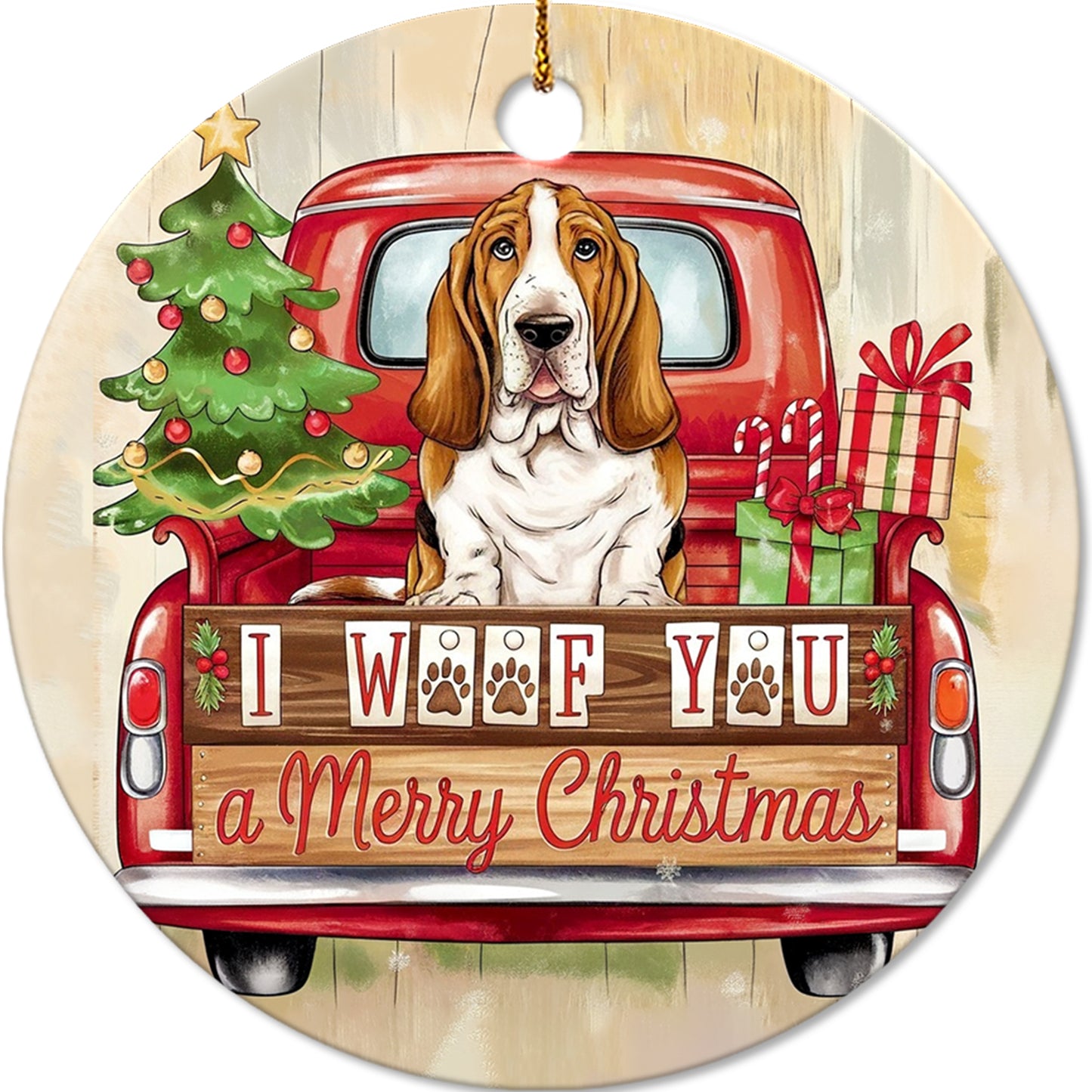 Netecom Funny Basset Hound in Holiday Truck Ornament, I Woof You a Merry Christmas Ceramic Ornament for Christmas Tree Hanging Decorations Gift, Pet Lover Gifts, Holiday Party Present
