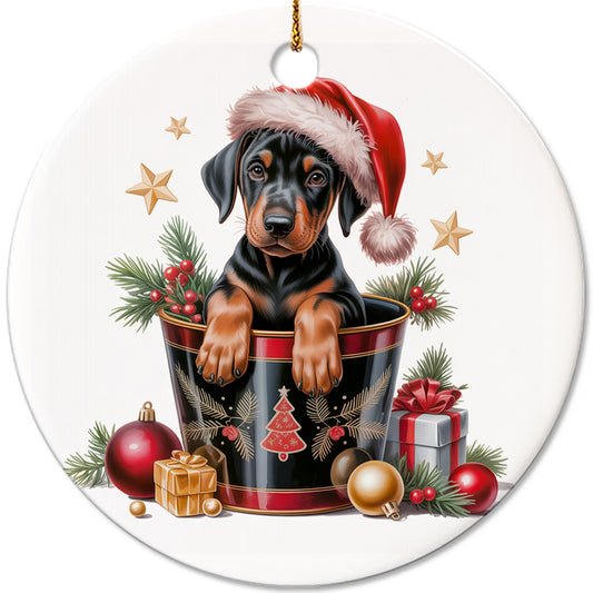 Netecom Funny Doberman in Bucket Ornament, Dog with Santa Hat Ceramic Ornament for Christmas Tree Hanging Decorations Gift, Dobie Dog Lover Gifts, Home Decor, Holiday Party Present