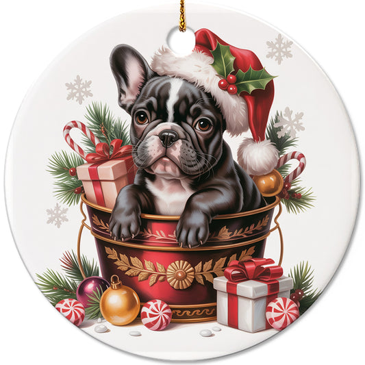 Netecom Funny French Bulldog in Bucket Ornament, Dog with Santa Hat Ceramic Ornament for Christmas Tree Hanging Decorations Gift, Puppy Lover Gifts, Home Decor, Holiday Party Present