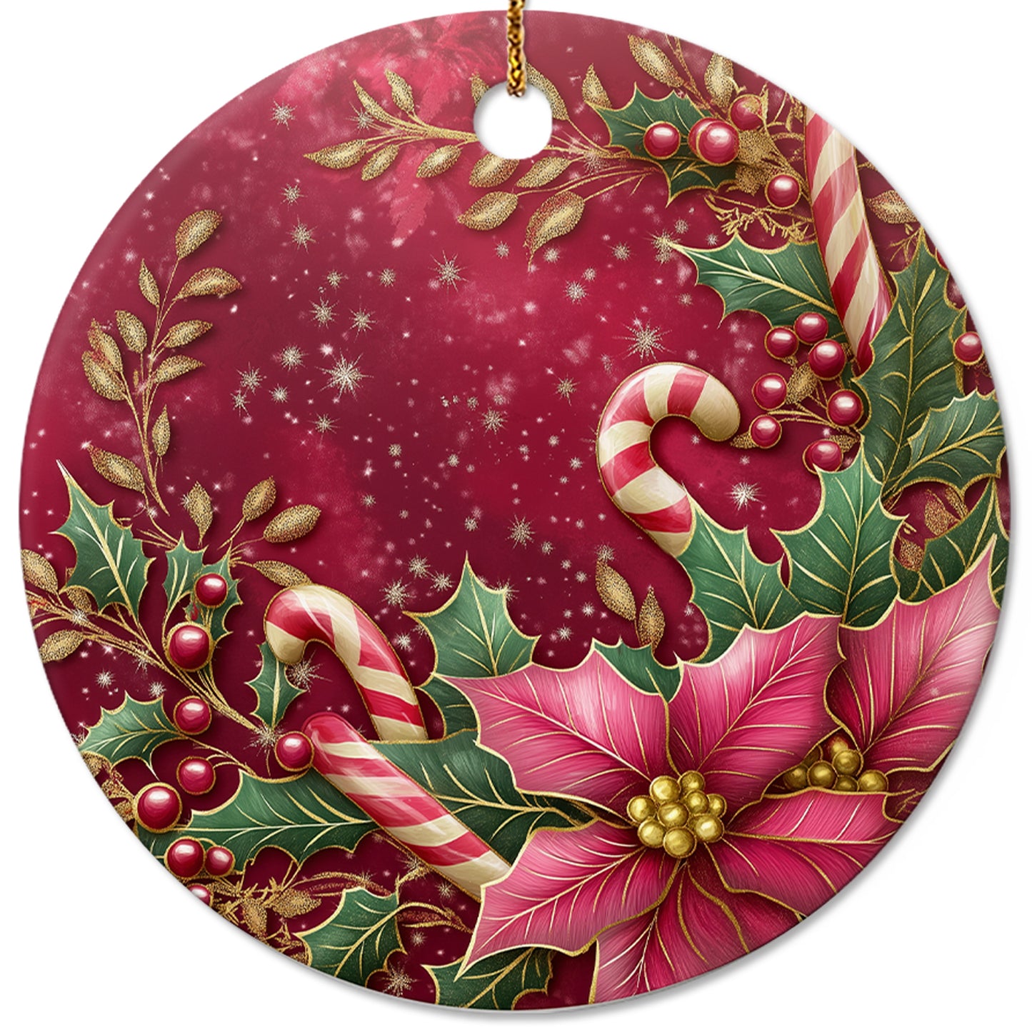 Netecom Pink Poinsettia and Holly Berries Leaves Christmas Ornament, Ceramic Candy Cane Keepsake Ornament for Xmas Tree Decorations, Gifts for Holiday, Party, Home Decor