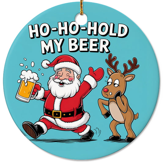 Netecom Funny Santa Claus Reindeer Christmas Ornament, Ho Ho Hold My Beer Ceramic Ornament for Xmas Tree Hanging Decorations Gift, Home Decor, Gifts for Friends & Family, Holiday Party Present