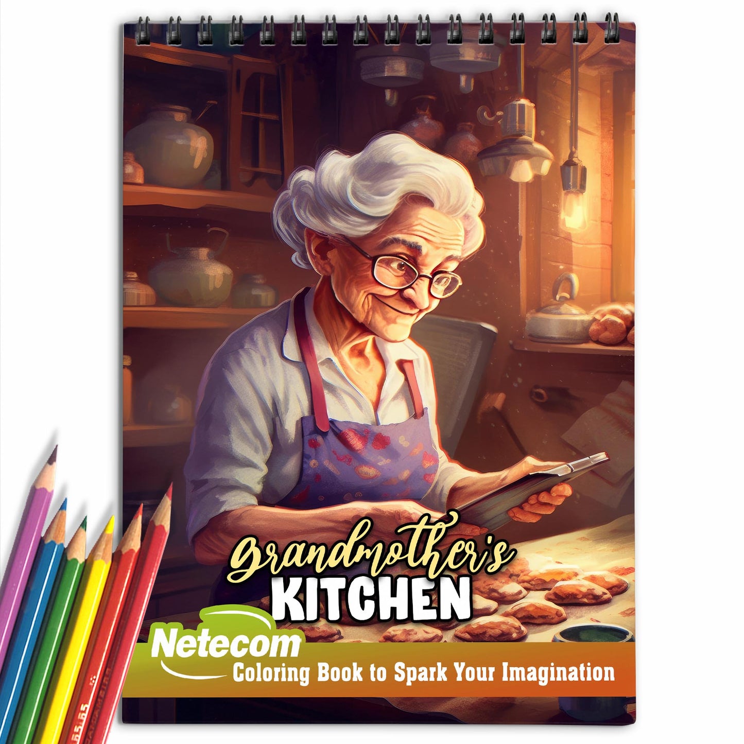 Netecom Grandmother's Kitchen Spiral Bound Coloring Book, 30 Captivating Coloring Pages for Art Lovers to Create Striking and Detailed Artwork of Traditional Kitchen Scenes
