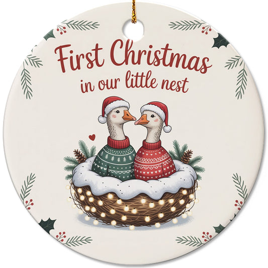 Netecom Funny Goose Ornament for Couple, First Christmas in Our Little Nest Ceramic Ornament for Christmas Tree Hanging Decorations Gift, Valentine Ducks Geese Gifts for Girlfriend Birthday