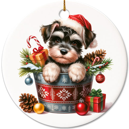 Netecom Funny Schnauzer in Bucket Ornament, Dog with Santa Hat Ceramic Ornament for Christmas Tree Hanging Decorations Gift, Puppy Lover Gifts, Home Decor, Holiday Party Present