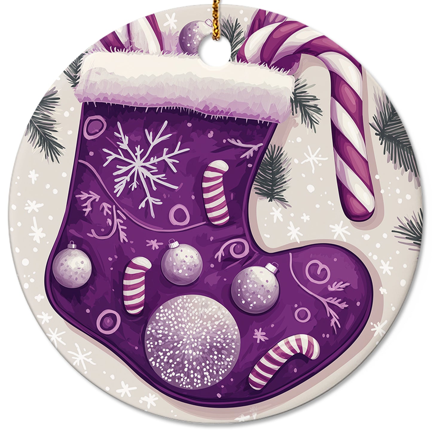Netecom Purple Stocking Christmas Ornaments, Ceramic Candy Cane Snowflakes Keepsake Ornament for Christmas Tree Decorations, Gifts for Holiday, Party, Home Decor