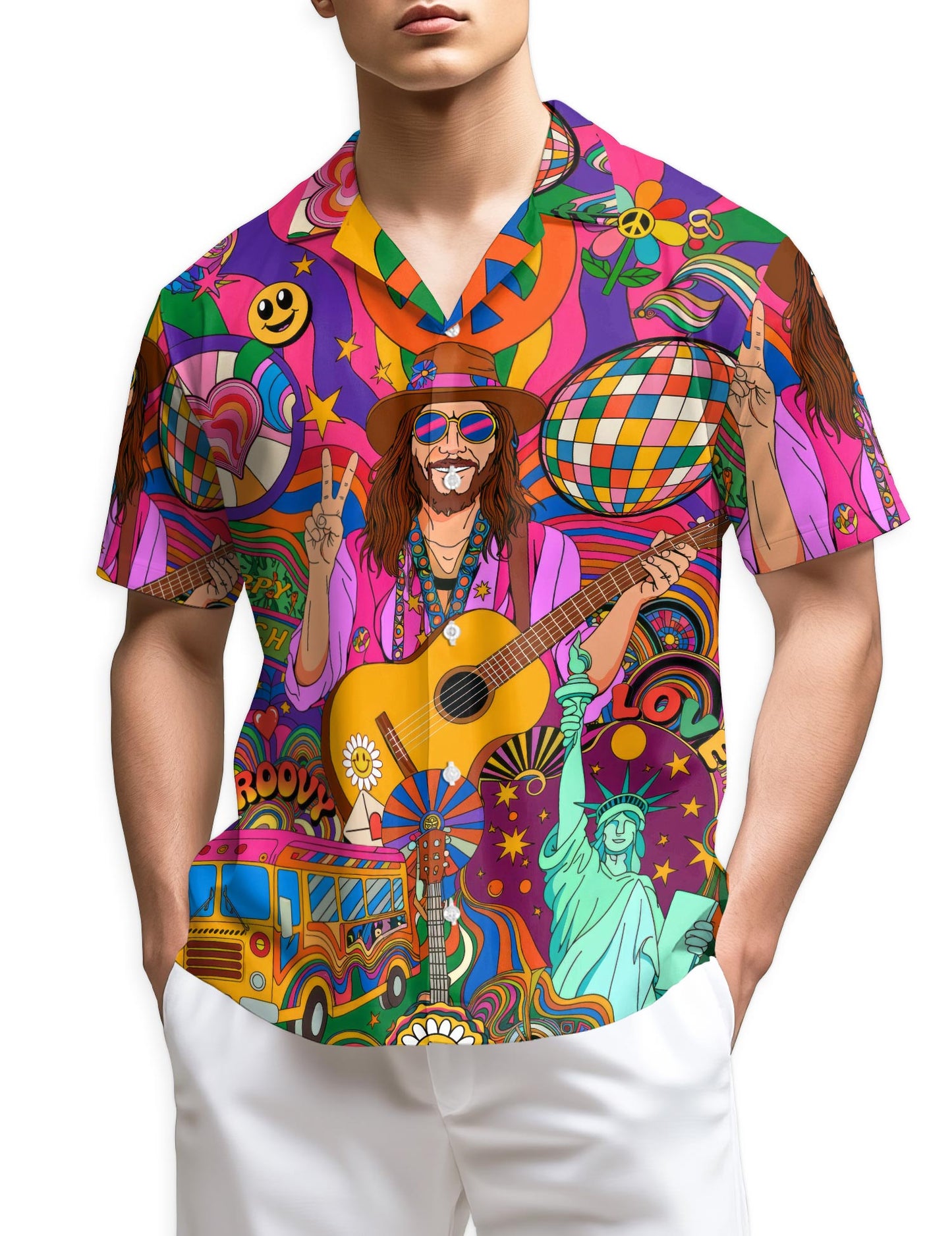 Netecom Colorful Hippie Hawaiian Shirt for Men, Button Down Summer Beach Short Sleeve, S-5XL