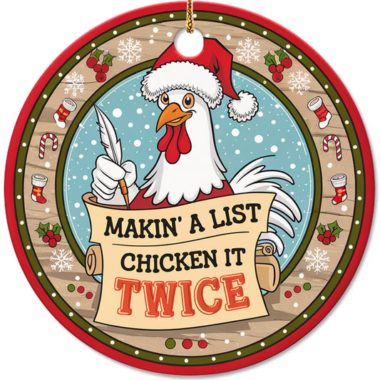 Netecom Funny Chicken in Santa Hat Ornament, Makin’ a List Chicken It Twice Ceramic Ornament for Christmas Tree Hanging Decorations Gift, Farmhouse Decoration for Chicken Lovers, Holiday Party Present
