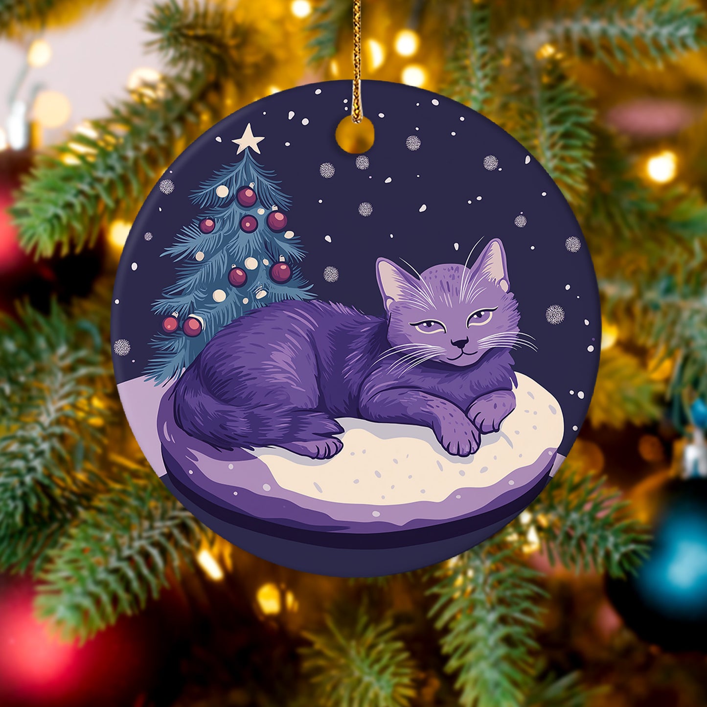 Netecom Purple Cat Christmas Ornaments, Ceramic Cat Resting Keepsake Ornament for Christmas Tree Decorations, Kitten Lover Gift, Gifts for Holiday, Party, Home Decor