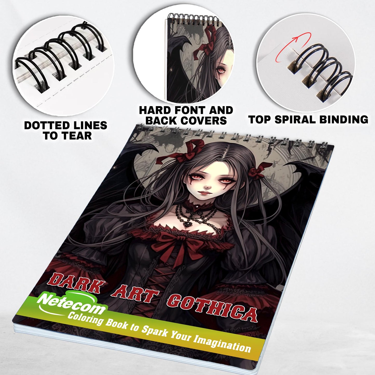 Netecom Dark Art Gothica Spiral Bound Coloring Book, 30 Charming Coloring Pages for Coloring Enthusiasts to Embrace the Beauty and Darkness of Horror Art