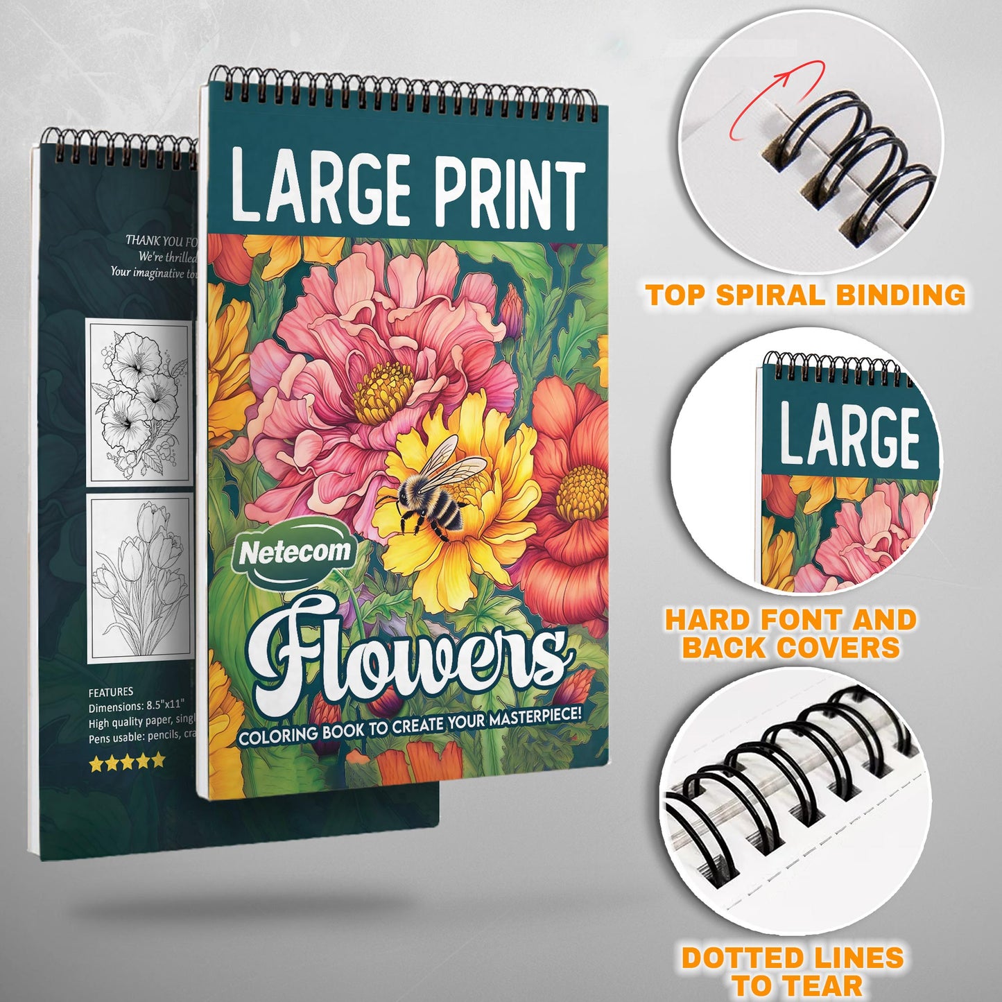 Large Print Flowers Spiral Bound Coloring Book, Beautiful Floral Scenes in Large Print, Ideal for Easy and Relaxing Coloring, Perfect for Flower Lovers