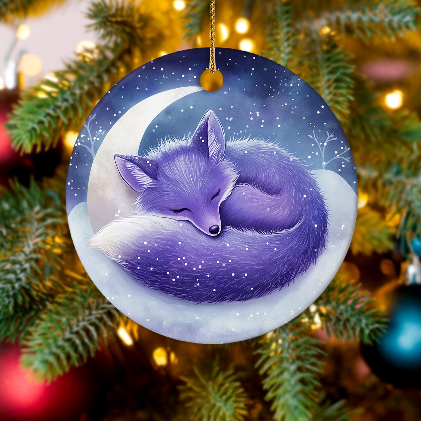 Netecom Cute Purple Fox Sleeping on Moon Christmas Ornaments, Ceramic Snow Scene Keepsake Ornament for Christmas Tree Decorations, Fox Lover Gift, Gifts for Holiday, Party, Home Decor