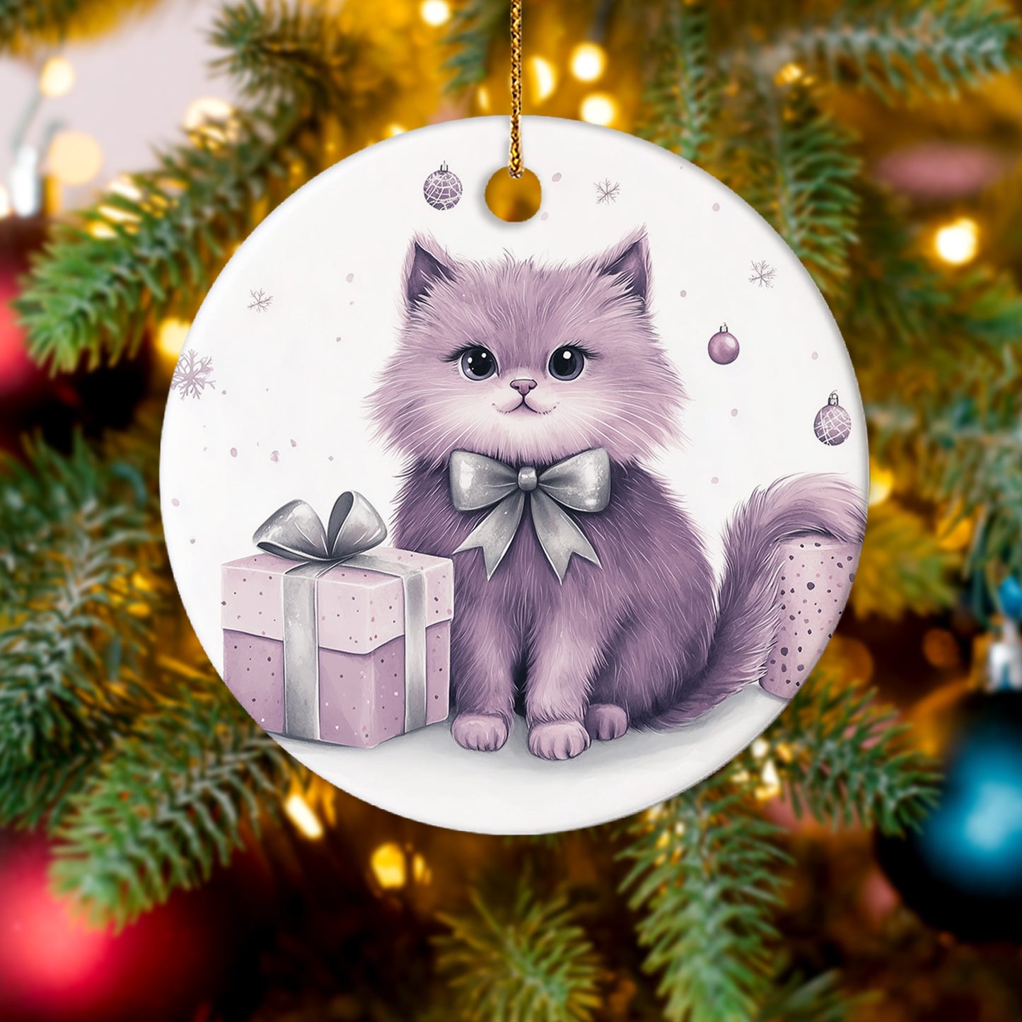 Netecom Cute Purple Cat Christmas Ornaments, Ceramic Kitten Keepsake Ornament for Christmas Tree Decorations, Cat Lover Gifts, Gifts for Holiday, Party, Home Decor