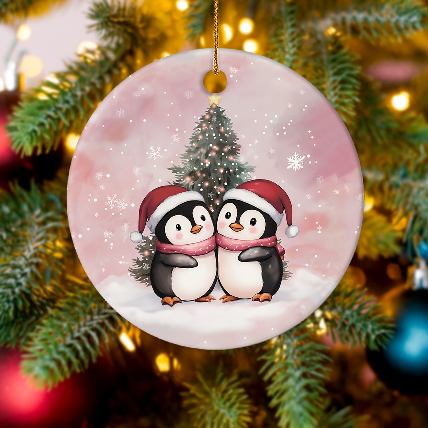 Netecom Cute Penguin Couple Pink Ornament, Ceramic Romantic Christmas Keepsake Ornament for Xmas Tree Decorations, Penguin Lover Gift, Gifts for Holiday, Party, Home Decor