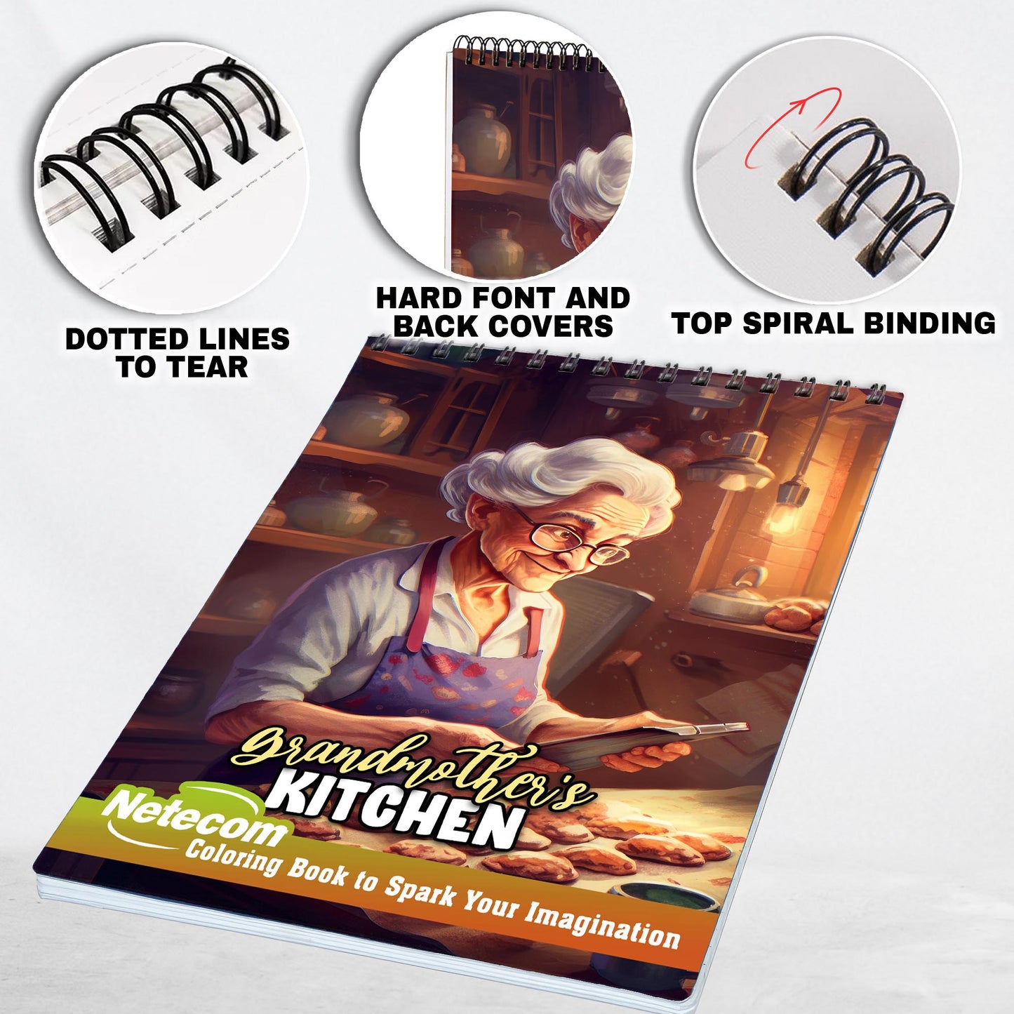 Netecom Grandmother's Kitchen Spiral Bound Coloring Book, 30 Captivating Coloring Pages for Art Lovers to Create Striking and Detailed Artwork of Traditional Kitchen Scenes