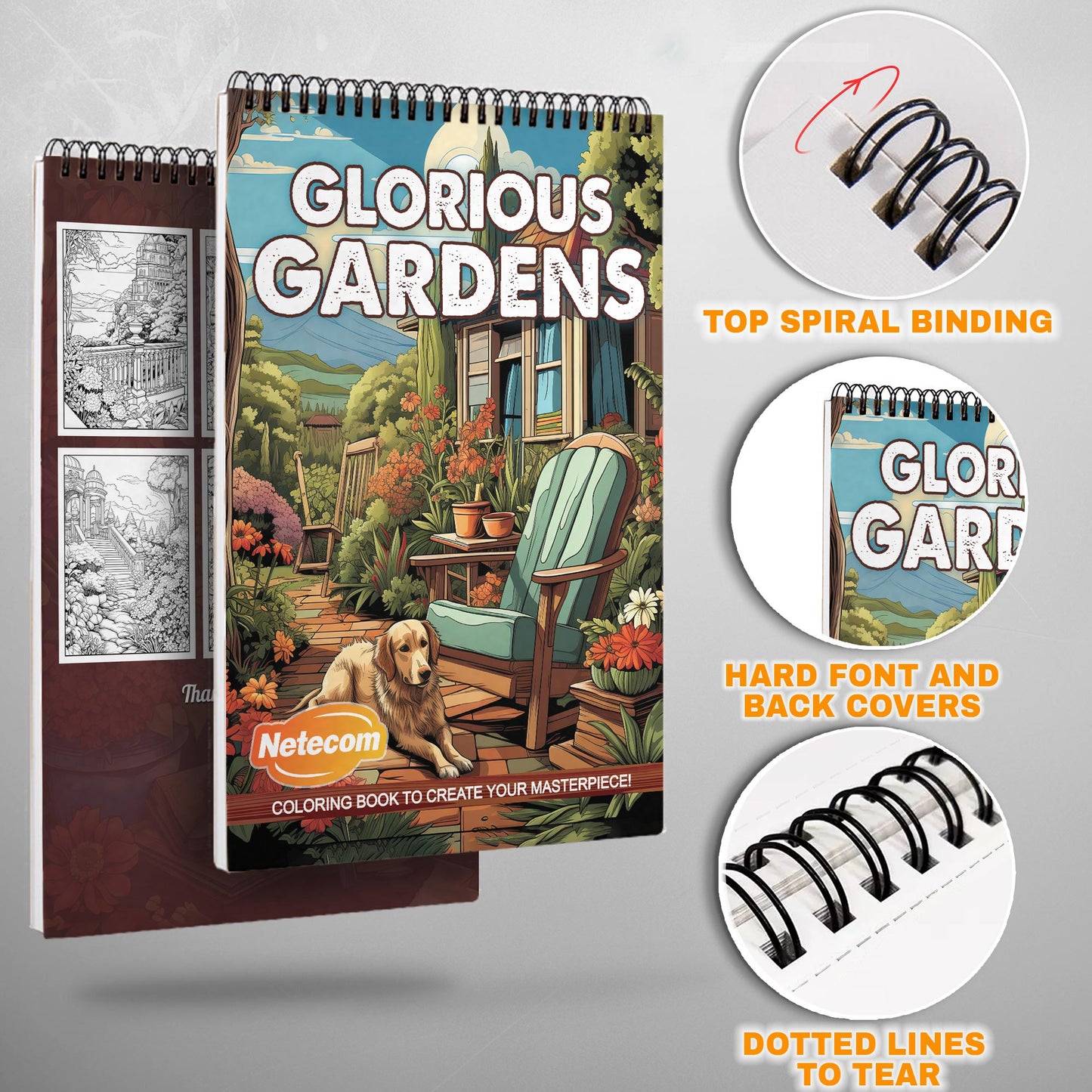Glorious Gardens Spiral Bound Coloring Book, Lush Garden Scenes for a Relaxing and Beautiful Coloring Experience, Perfect for Nature Lovers and Gardeners