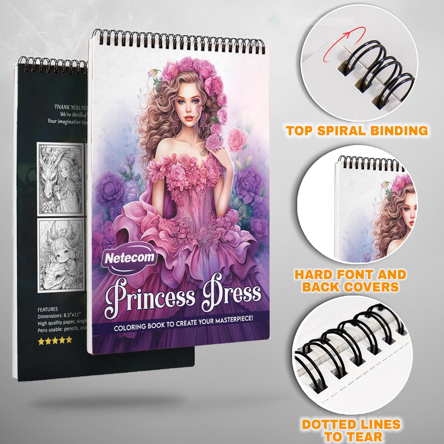 Princess Dress Spiral Bound Coloring Book, Elegant Princess Dresses for a Royal and Fashionable Coloring Experience, Great for Aspiring Designers and Dreamers