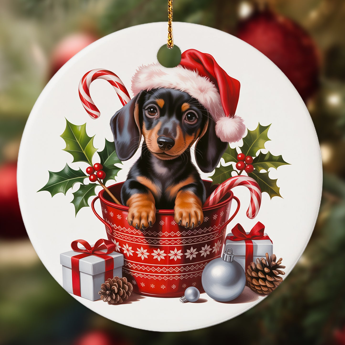 Netecom Cute Dachshund in Bucket Ornament, Wiener Dog with Santa Hat Ceramic Ornament for Christmas Tree Hanging Decorations Gift, Puppy Lover Gifts, Home Decor, Holiday Party Present
