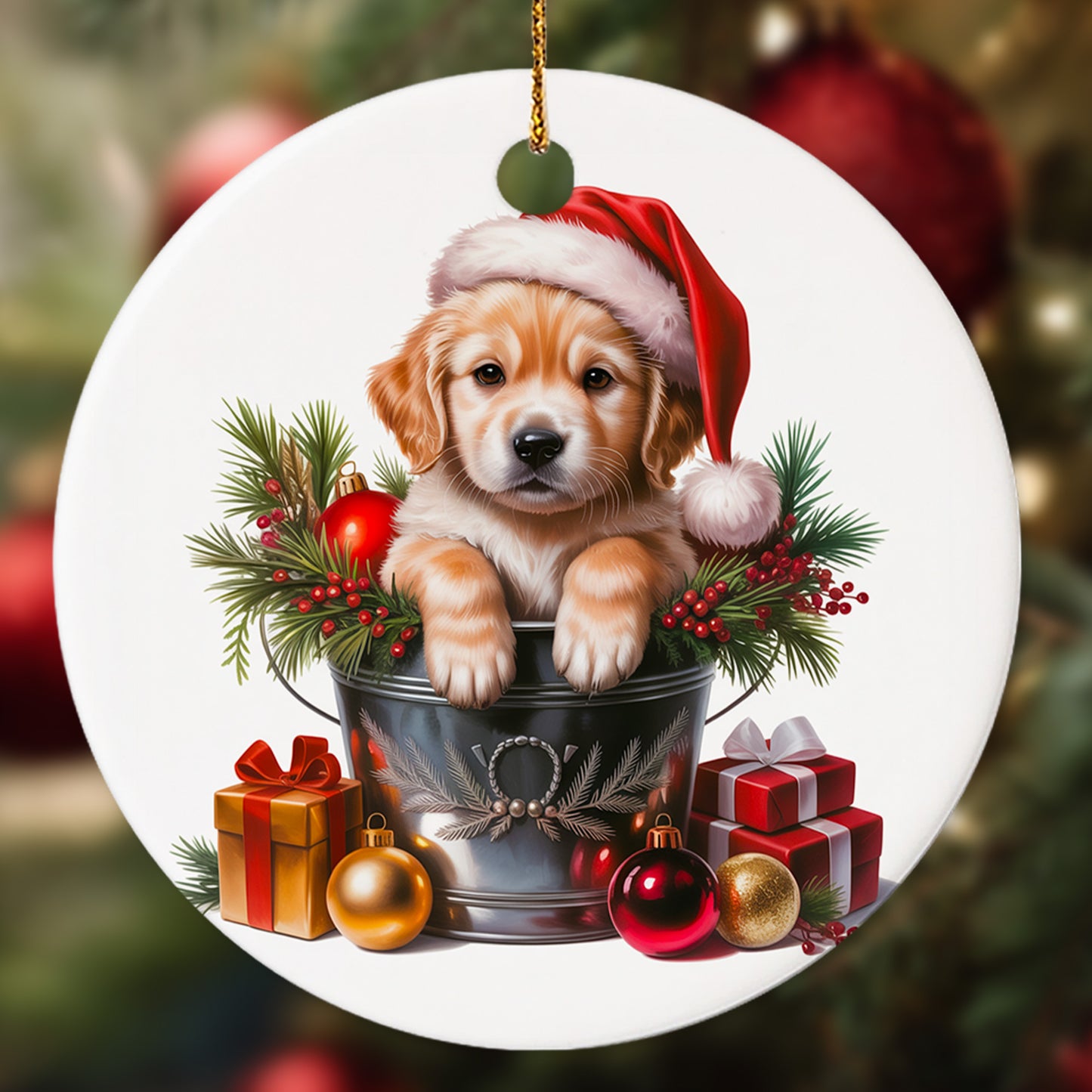 Netecom Cute Golden Retriever in Bucket Ornament, Dog with Santa Hat Ceramic Ornament for Christmas Tree Hanging Decorations Gift, Puppy Lover Gifts, Home Decor, Holiday Party Present