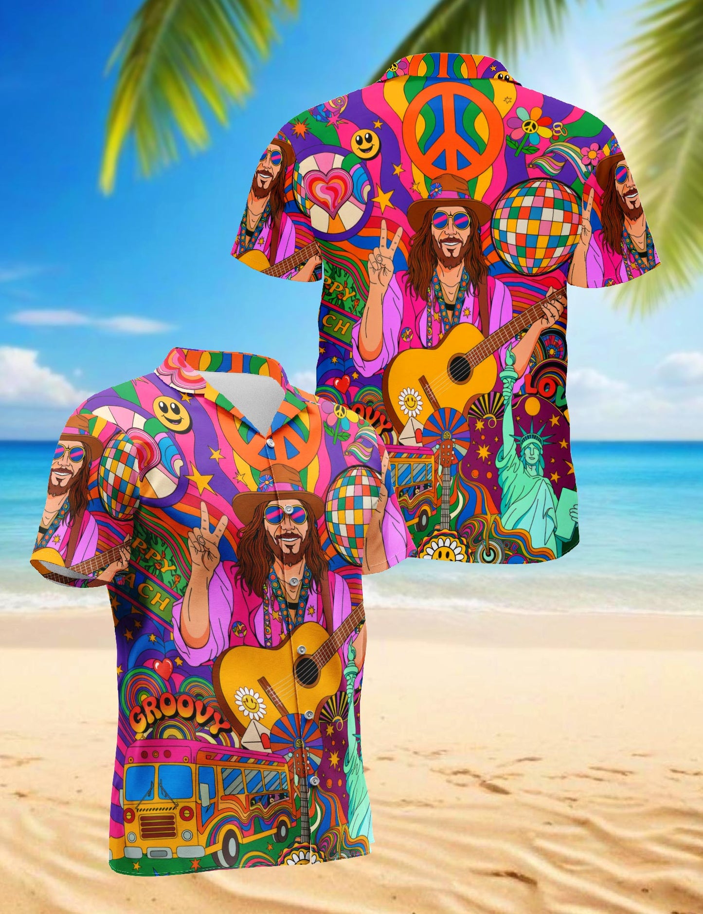 Netecom Colorful Hippie Hawaiian Shirt for Men, Button Down Summer Beach Short Sleeve, S-5XL