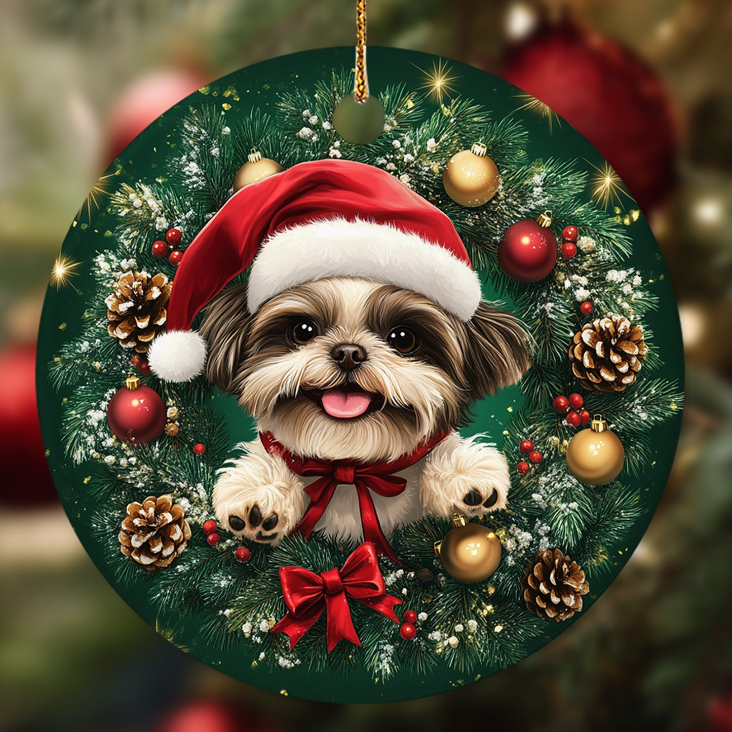 Netecom Cute Shih Tzu Christmas Ornament, Dog Santa Hat Ceramic Ornament for Xmas Tree Hanging Decorations Gift, Puppy Lover Gifts, Home Decor, Holiday Party Present