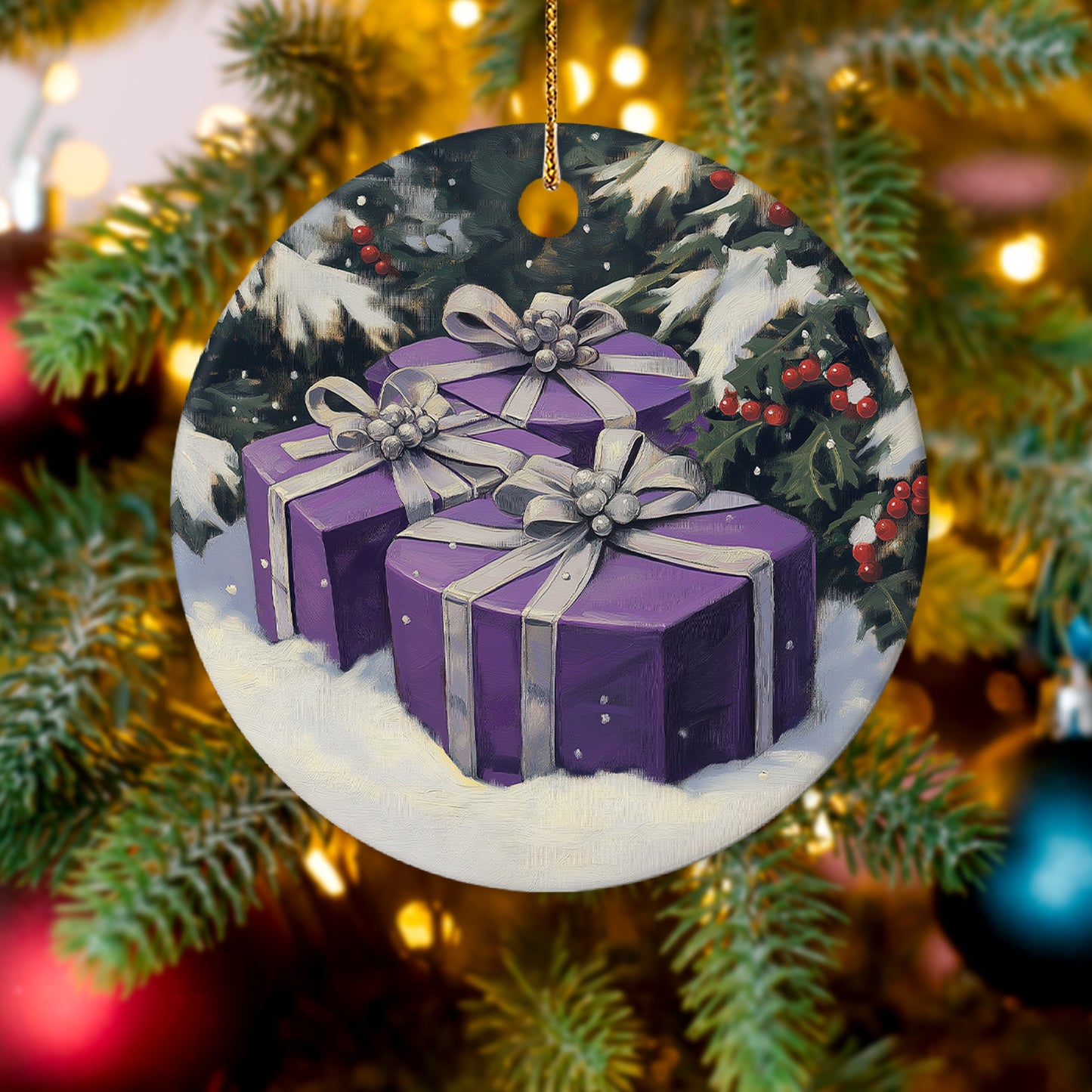 Netecom Purple Gift Box on Snow Christmas Ornaments, Ceramic Present With Silver Ribbon Keepsake Ornament for Christmas Tree Decorations, Gifts for Holiday, Party, Home Decor