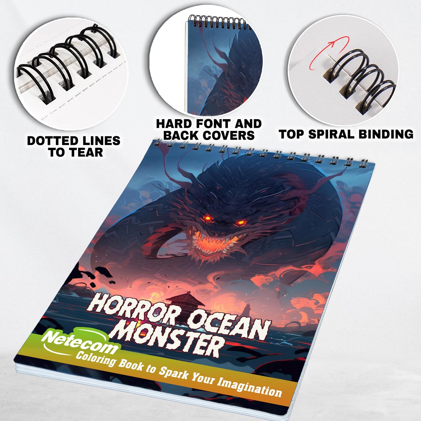 Horror Ocean Monster Spiral Bound Coloring Book, Dive into the Abyss with 30 Enchanting Coloring Pages, Exploring the Haunting World of Ocean Monsters