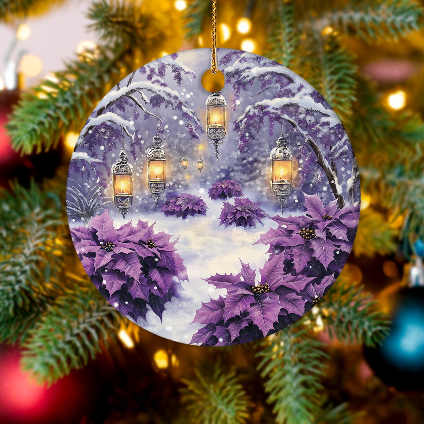 Netecom Purple Winter Snow Scene Christmas Ornaments, Ceramic Lanterns Poinsettia Keepsake Ornament for Christmas Tree Decorations, Gifts for Holiday, Party, Home Decor