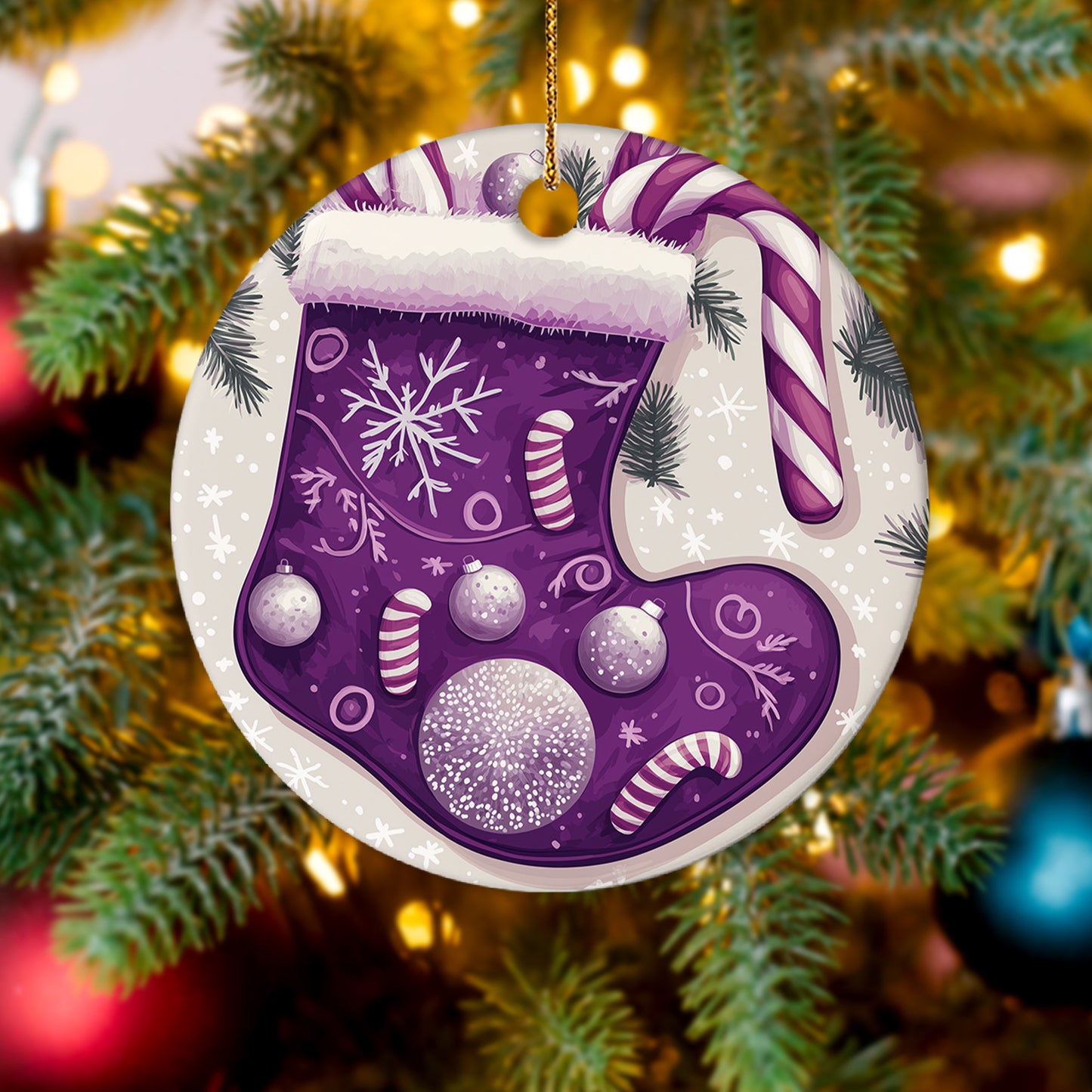 Netecom Purple Stocking Christmas Ornaments, Ceramic Candy Cane Snowflakes Keepsake Ornament for Christmas Tree Decorations, Gifts for Holiday, Party, Home Decor