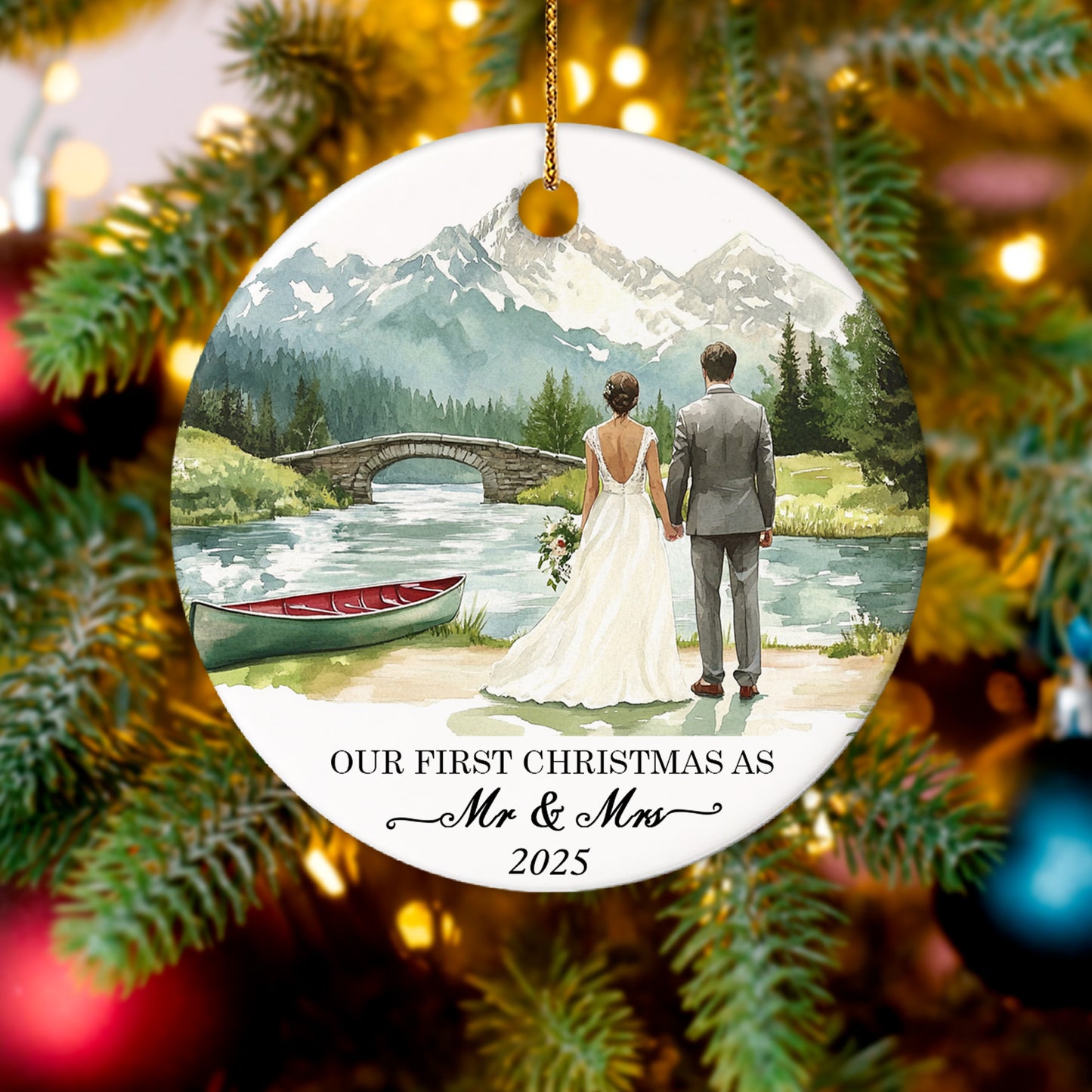 Netecom Elegant First Christmas Married Ornament, Our First Christmas as Mr and Mrs Ceramic Ornaments for Xmas Tree Hanging Decorations Gift, Wedding Gifts for Couples, Holiday Party Present