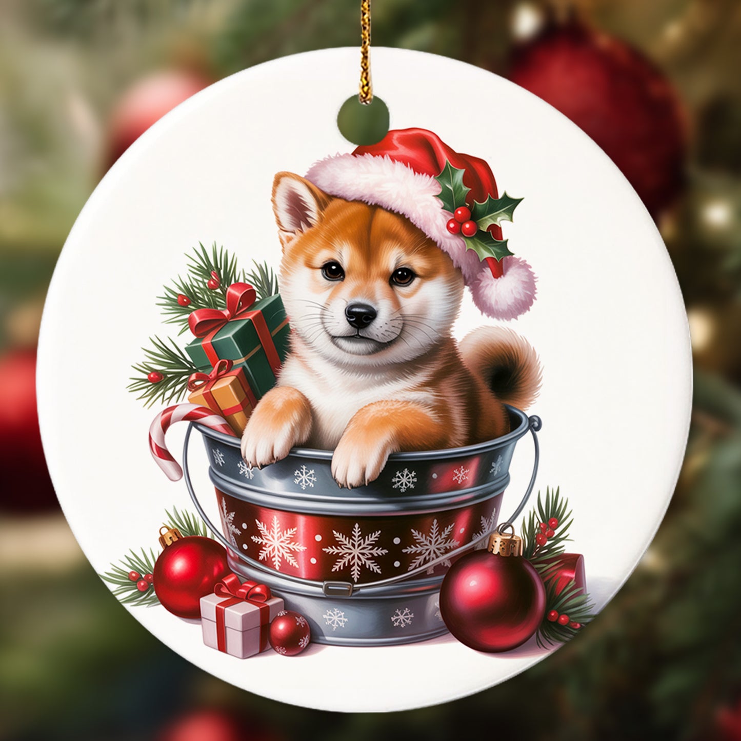 Netecom Adorable Shiba Inu in Bucket Ornament, Shiba Dog with Santa Hat Ceramic Ornament for Christmas Tree Hanging Decorations Gift, Puppy Lover Gifts, Home Decor, Holiday Party Present