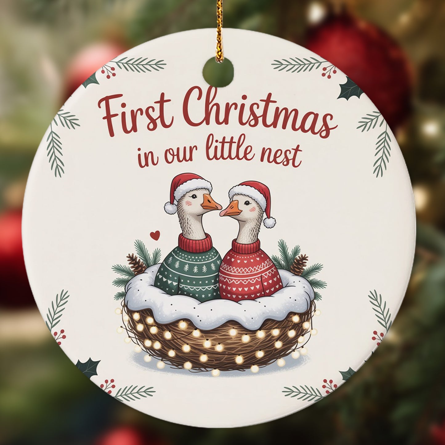 Netecom Funny Goose Ornament for Couple, First Christmas in Our Little Nest Ceramic Ornament for Christmas Tree Hanging Decorations Gift, Valentine Ducks Geese Gifts for Girlfriend Birthday