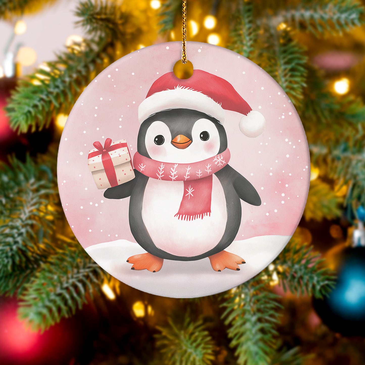 Netecom Cute Pink Penguin in Snow Christmas Ornament, Ceramic Animal Keepsake Ornament for Xmas Tree Decorations, Penguin Lover Gift, Gifts for Holiday, Party, Home Decor