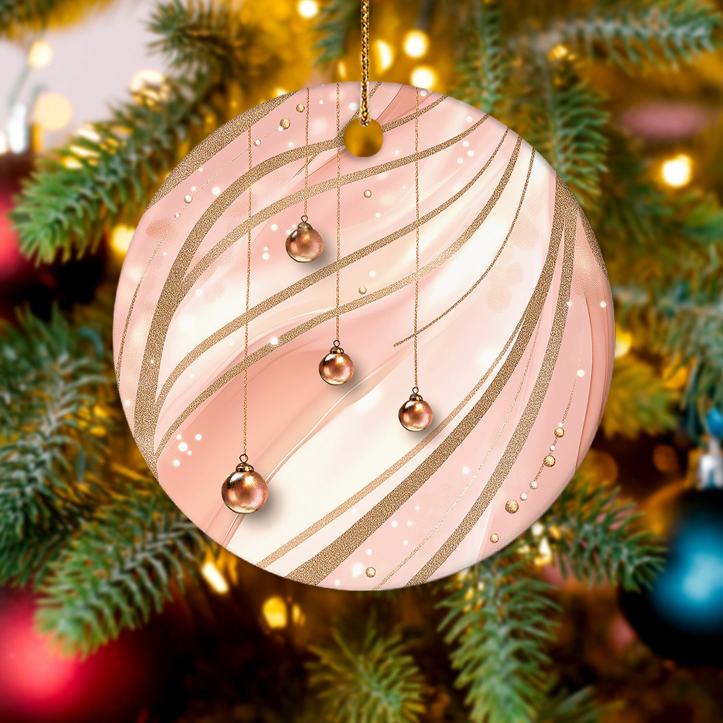 Netecom Elegant Pink Baubles Christmas Ornaments, Ceramic Hanging Balls with Glitter Swirl Keepsake Ornament for Xmas Tree Decorations, Gifts for Holiday, Party, Home Decor