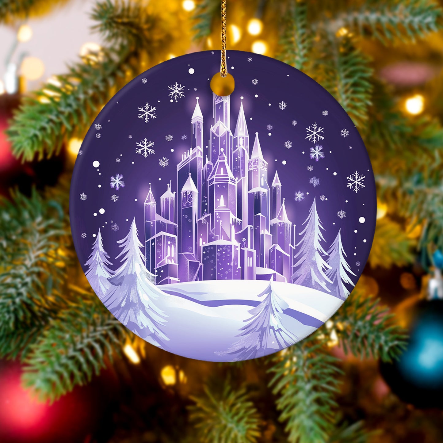 Netecom Purple Frozen Castle Christmas Ornaments, Retro Ceramic Ice Castle Winter Scene Keepsake Ornament for Christmas Tree Decorations, Gifts for Holiday, Party, Home Decor