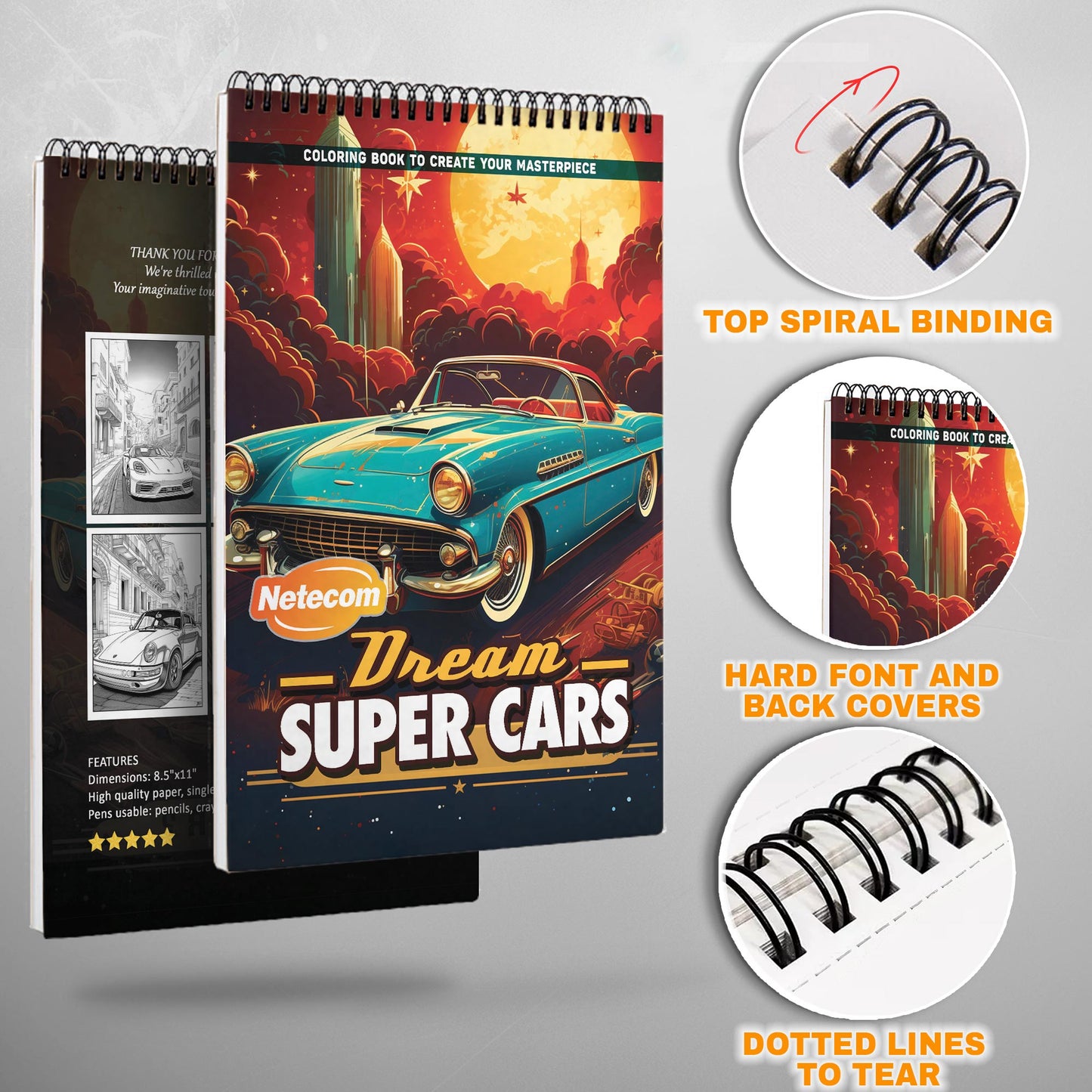 Dream Super Cars Spiral Bound Coloring Book, High-Speed Super Cars for a Thrilling Coloring Ride, Perfect for Car Enthusiasts and Dreamers