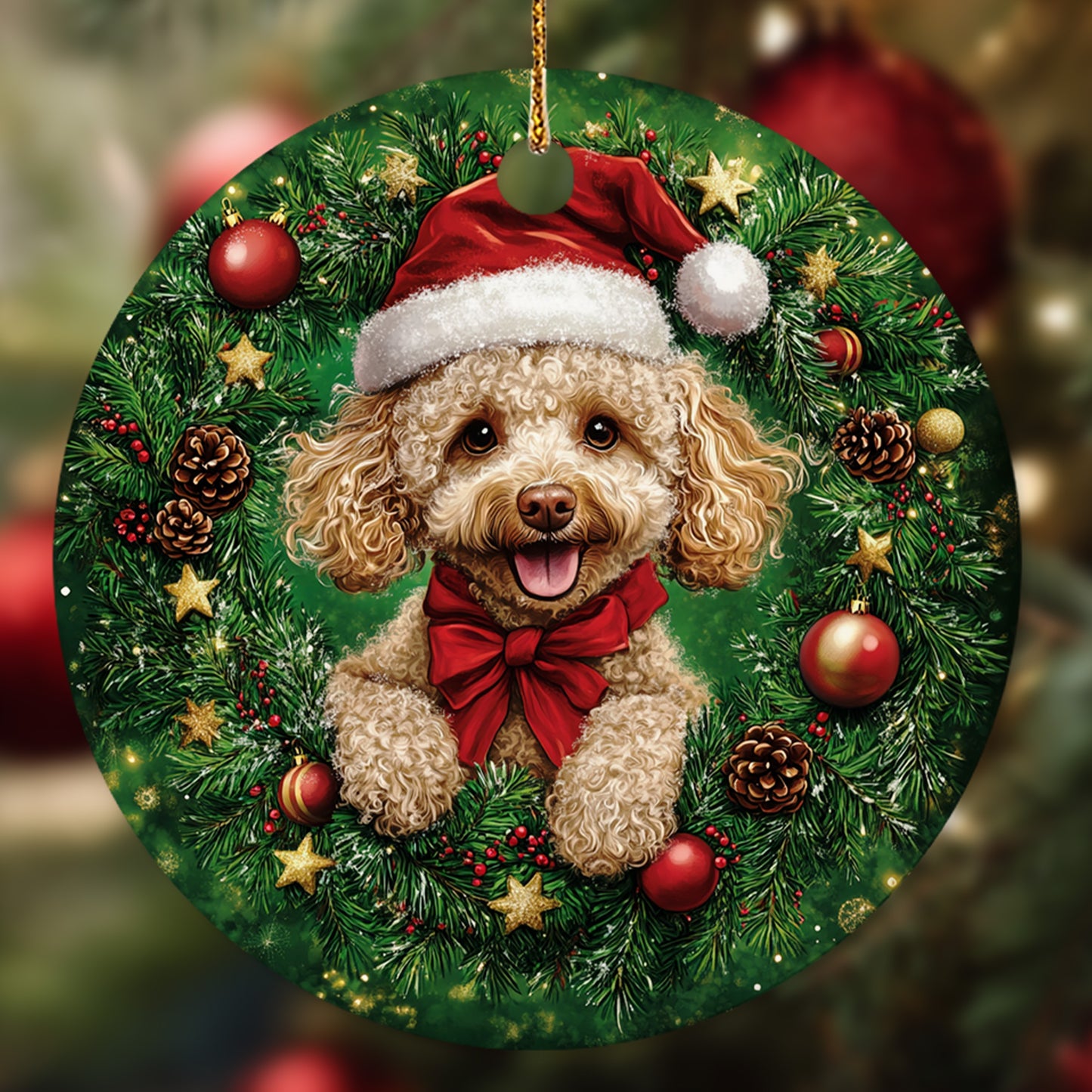 Netecom Cute Poodle Christmas Ornament, Dog Santa Hat Ceramic Ornament for Xmas Tree Hanging Decorations Gift, Puppy Lover Gifts, Home Decor, Holiday Party Present