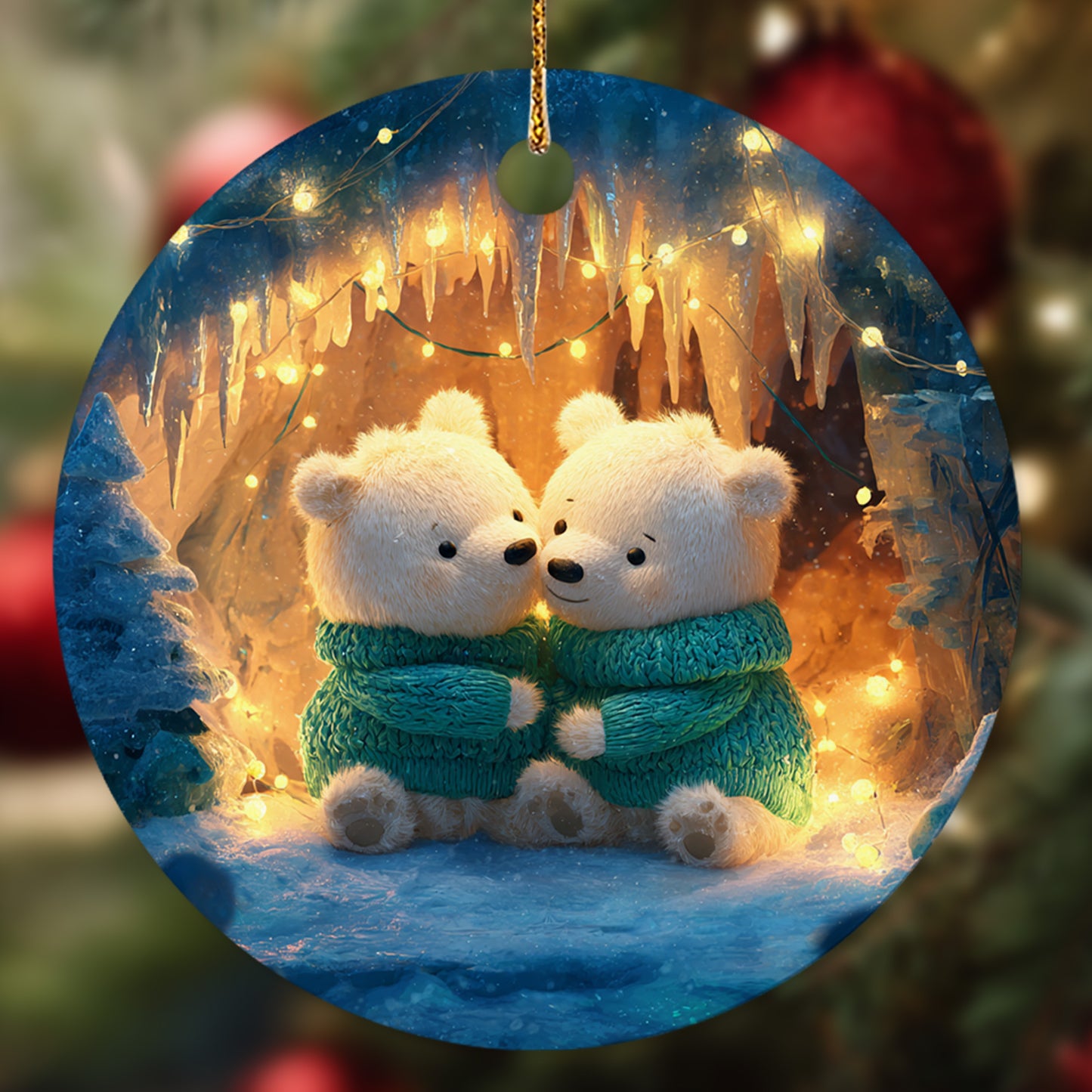 Netecom Cute Polar Bear Couple Ornament, Romantic Christmas Ceramic Ornament for Xmas Tree Hanging Decorations Gift, Bear Lover Gifts, Home Decor, Holiday Party Present