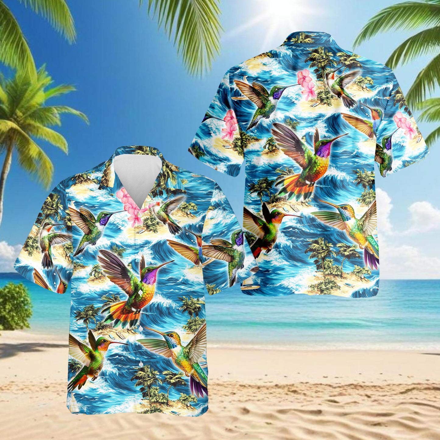 Netecom Tropical Hummingbird Hawaiian Shirt for Men, Bird Lover Gift, Nature Animal Button Down Summer Beach Shirts