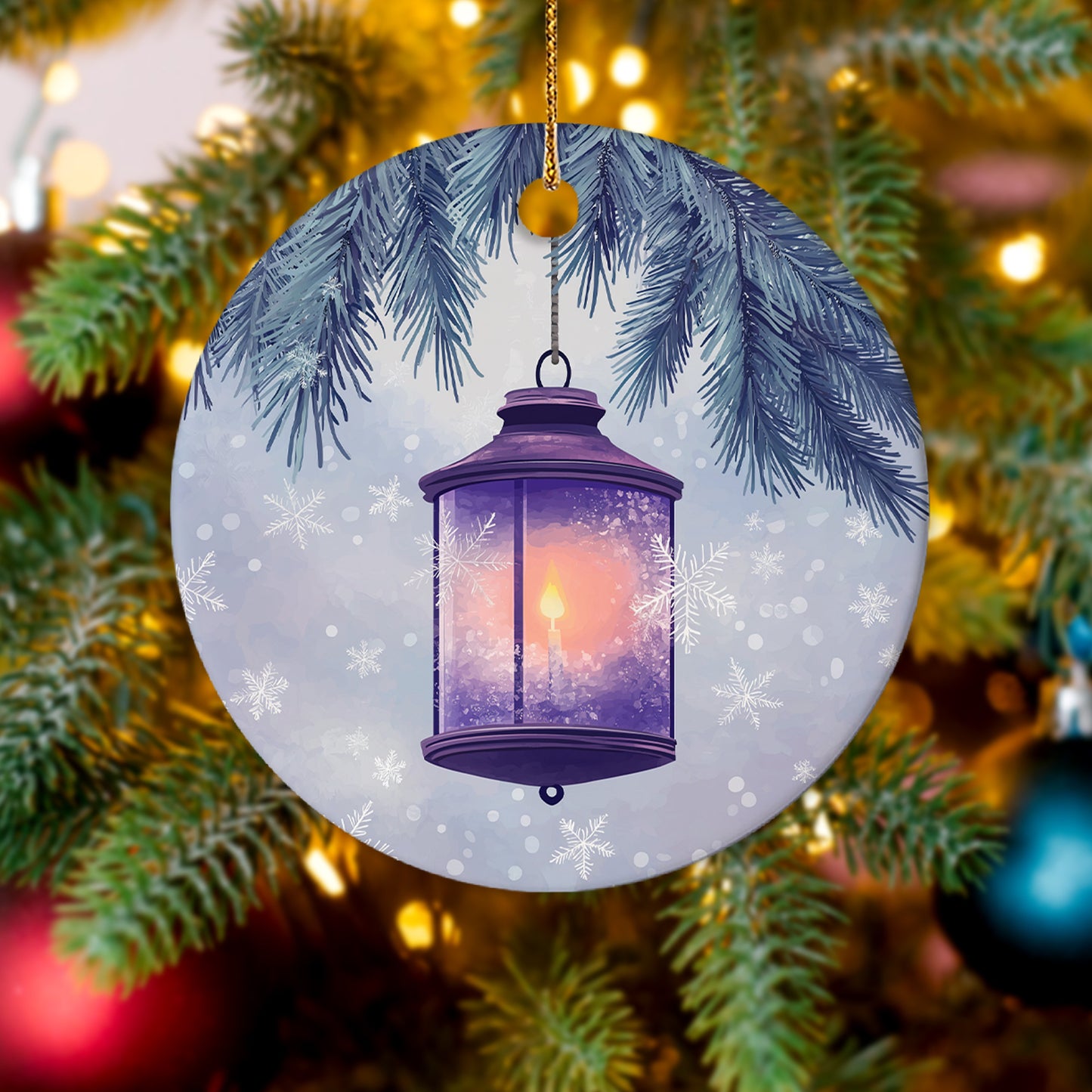 Netecom Purple Winter Lantern Christmas Ornaments, Ceramic Glow Lantern in Snow Keepsake Ornament for Christmas Tree Decorations, Gifts for Holiday, Party, Home Decor