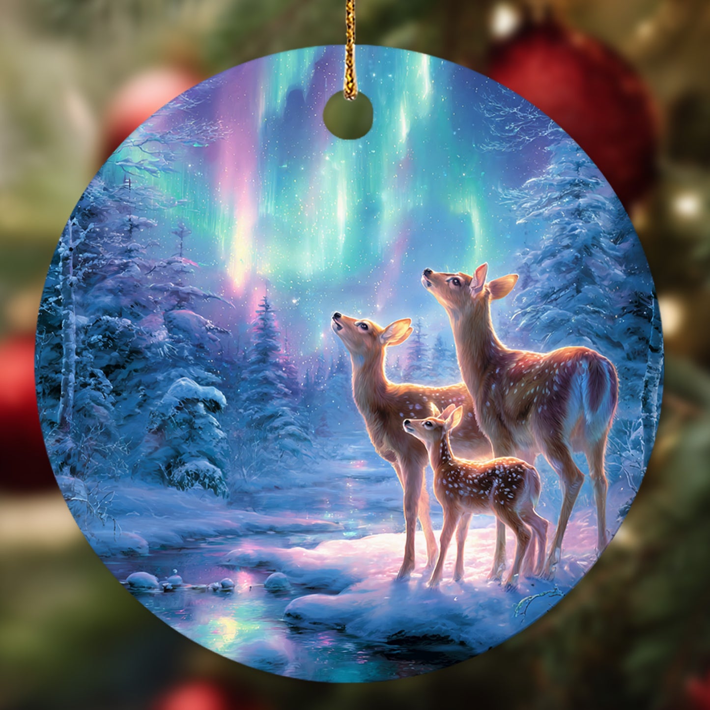 Netecom Adorable Christmas Reindeer Family Ornament, Under Northern Lights Ceramic Ornament for Xmas Tree Hanging Decorations Gift, Reindeer Lover Gifts, Holiday Party Present