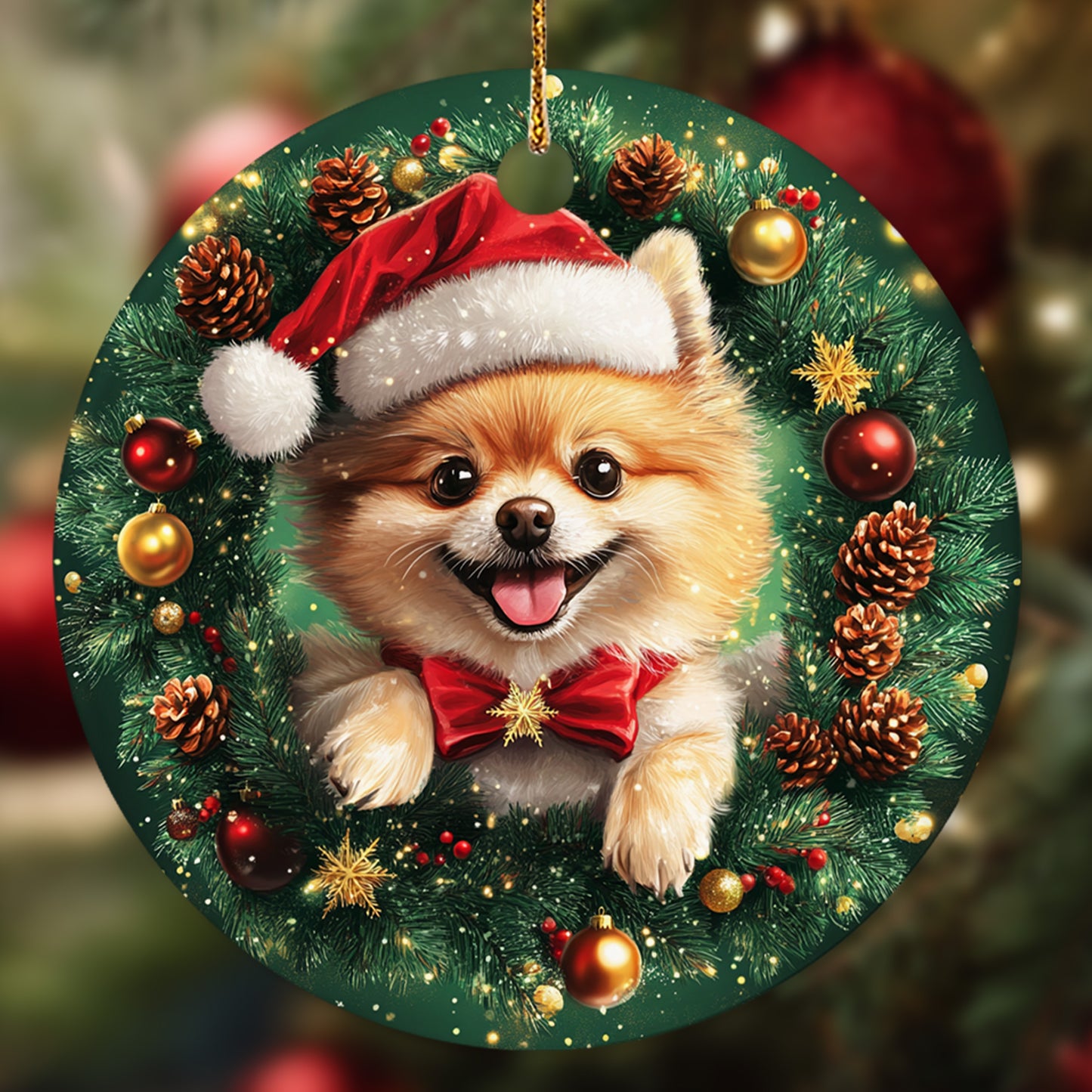 Netecom Cute Pomeranian Christmas Ornament, Dog Santa Hat Ceramic Ornament for Xmas Tree Hanging Decorations Gift, Puppy Lover Gifts, Home Decor, Holiday Party Present