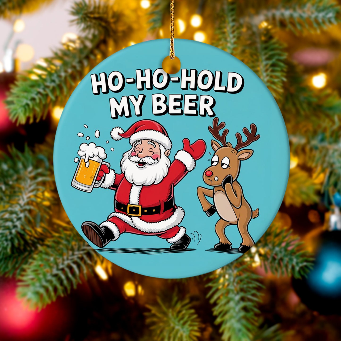 Netecom Funny Santa Claus Reindeer Christmas Ornament, Ho Ho Hold My Beer Ceramic Ornament for Xmas Tree Hanging Decorations Gift, Home Decor, Gifts for Friends & Family, Holiday Party Present