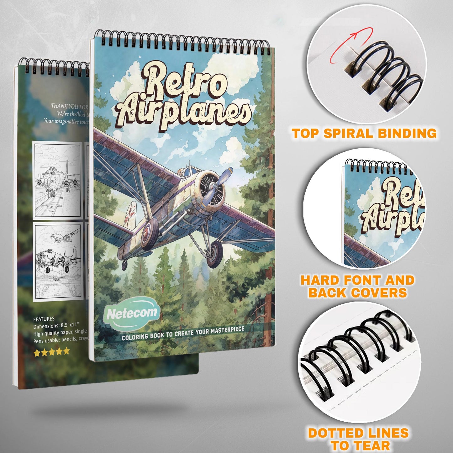 Retro Airplanes Spiral Bound Coloring Book, Vintage Airplane Scenes for Nostalgic Coloring, Great for Aviation Fans and History Buffs