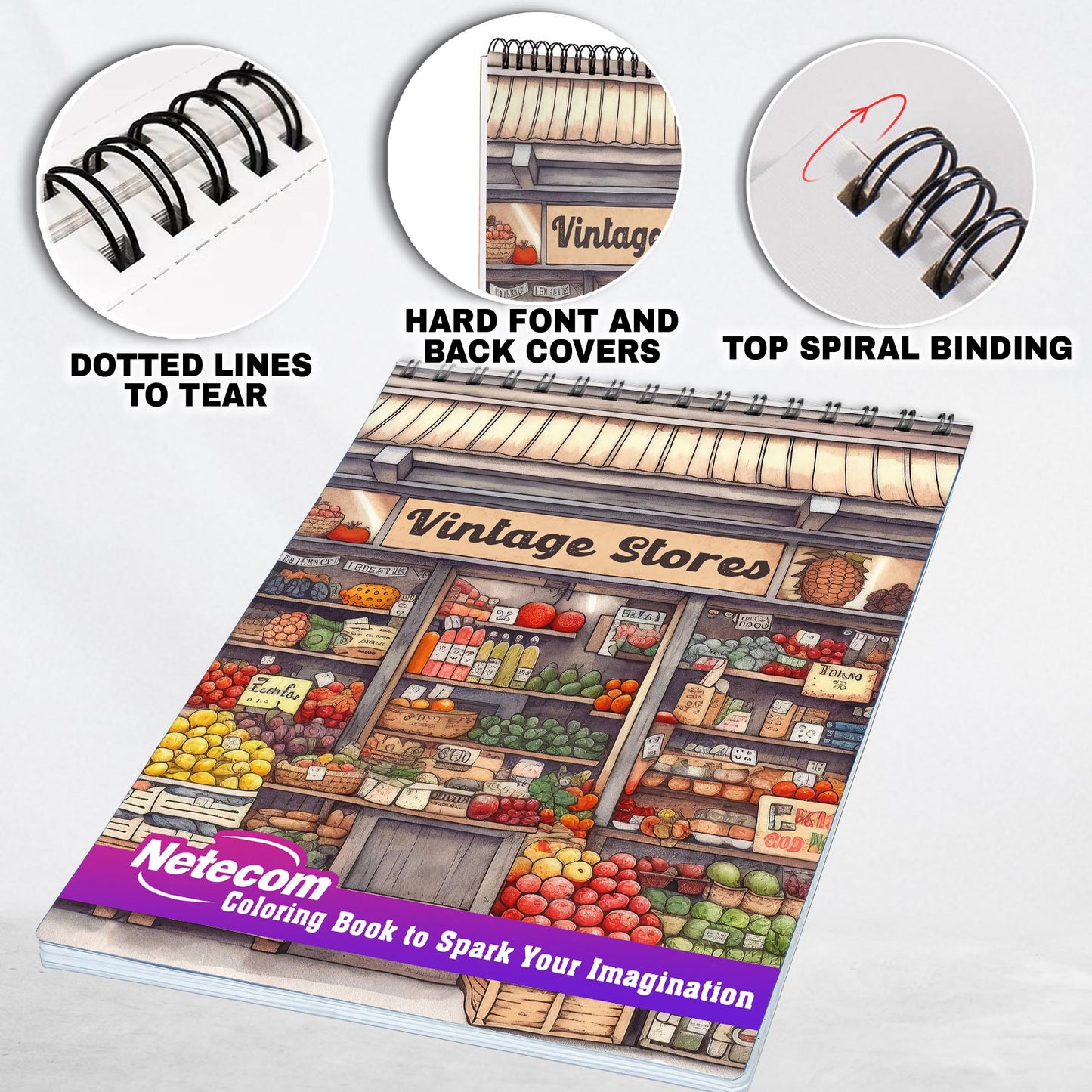 Vintage Stores Spiral Bound Coloring Book, Experience 30 Whimsical Coloring Pages, Capturing the Cozy and Quaint Ambiance of Vintage Stores