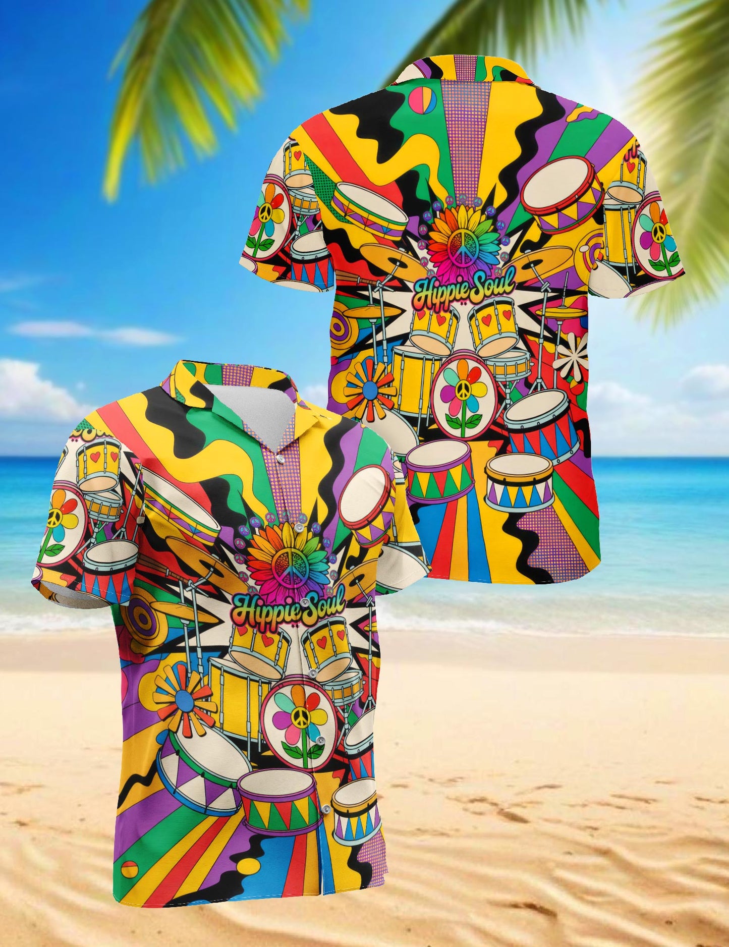 Netecom Peace Love Drums Hawaiian Shirt for Men, Button Down Summer Beach Short Sleeve, S-5XL