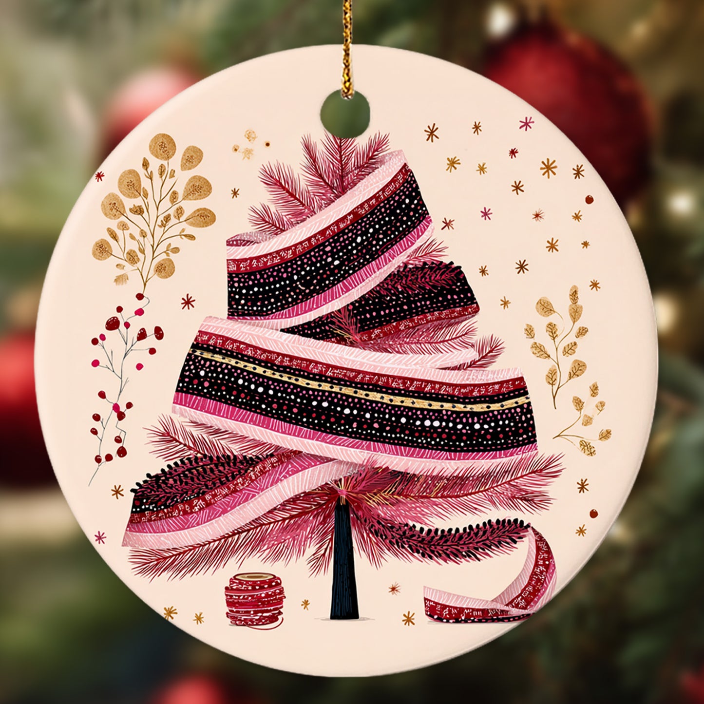 Netecom Elegant Pink Ribbon Christmas Tree Sign Ornament, Merry Christmas Ceramic Ornament for Xmas Tree Hanging Decorations Gift, Gifts for Friends & Family, Holiday Party Present
