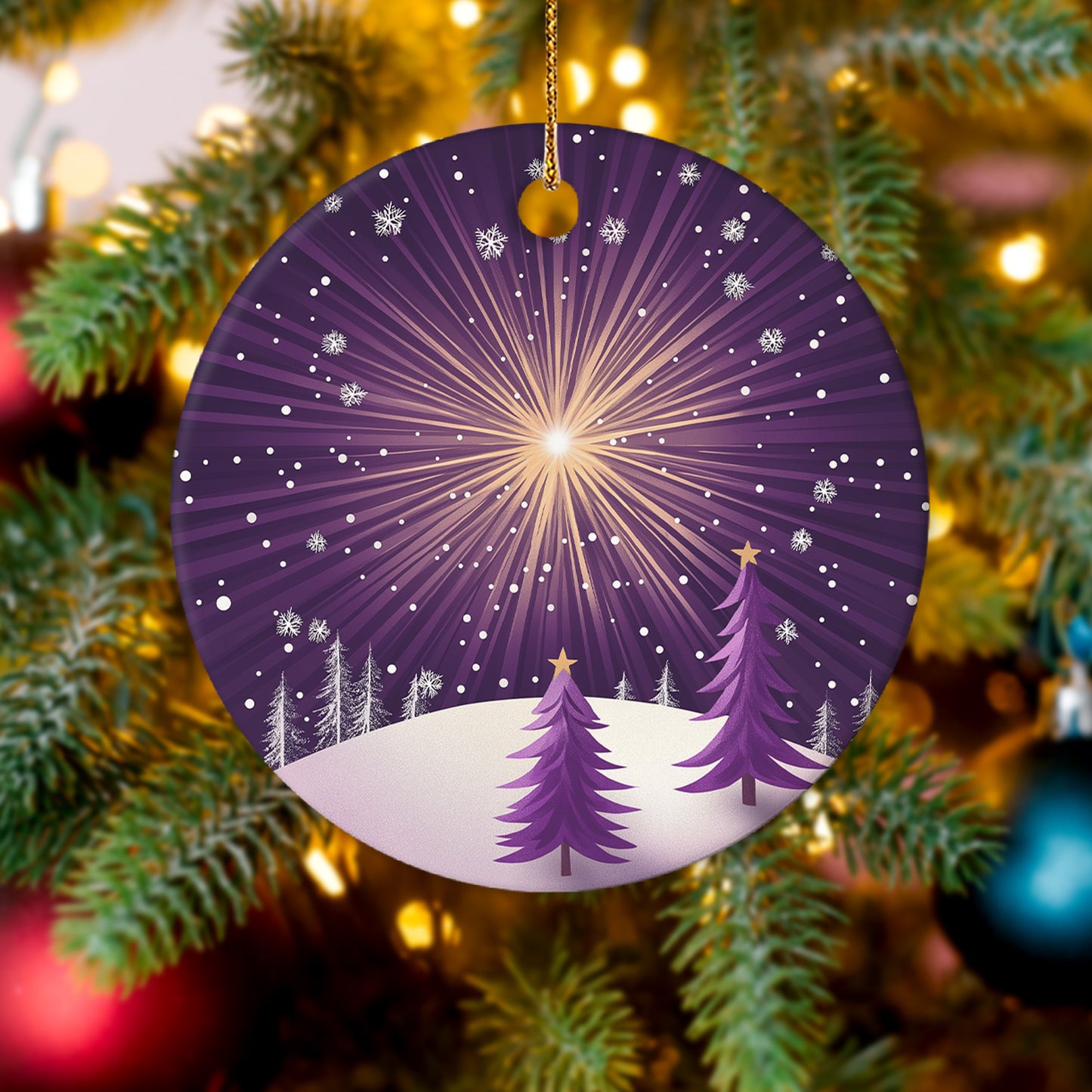 Netecom Purple Winter Snow Scene Christmas Ornaments, Ceramic Night Sky Keepsake Ornament for Christmas Tree Decorations, Gifts for Holiday, Party, Home Decor