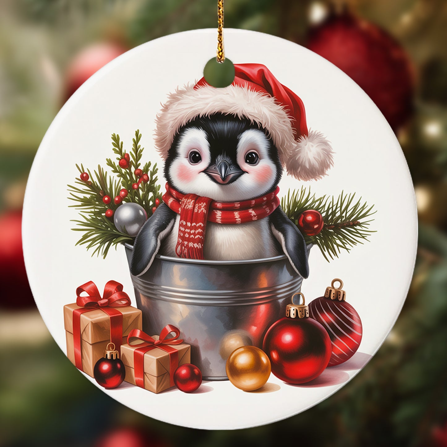 Netecom Cute Baby Penguin in Bucket Ornament, Bird with Santa Hat Ceramic Ornament for Christmas Tree Hanging Decorations Gift, Penguin Lover Gifts, Holiday Party Present